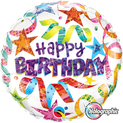 18" Birthday Stars & Streamers White Holographic