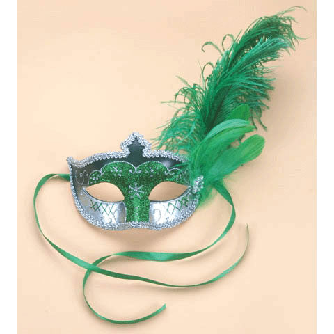 Green Glitter Half Mask With Feather